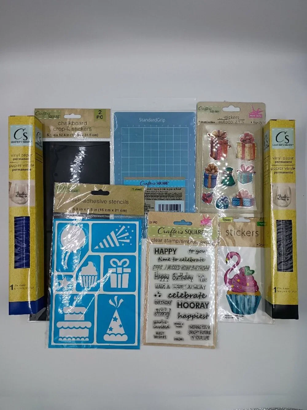 8-Pc Birthday Craft Bundle- Vinyl Rolls Stencils Clear Stamps Stickers